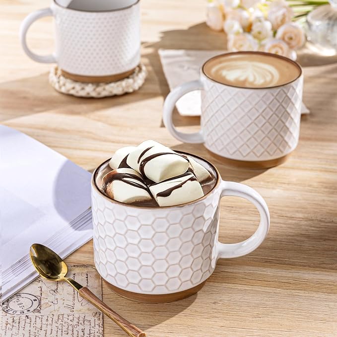 GBhome 12 OZ Stackable Coffee Mugs Set of 4, Ceramic White Coffee Cups Set | - Image 6