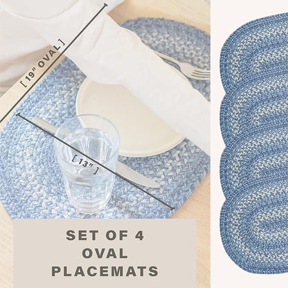 Homespice Denim Jute Braided Placemats, Country Coastal Decor, Set of 4, Blue 13x19 Oval Table Mats - Vibrant Colors, Durable, Easy to Clean and Protects Furniture
