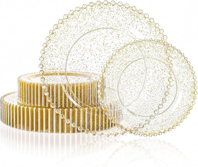 U-QE 60PCS Gold Glitter Plastic Plates, Beaded Plates Disposable Heavy Duty | by U-QE