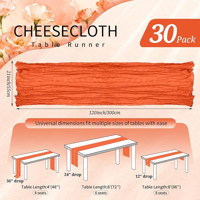 30 Pack Cheesecloth Table Runner 10FT Orange Table Runner Boho Gauze Cheese - Image 2