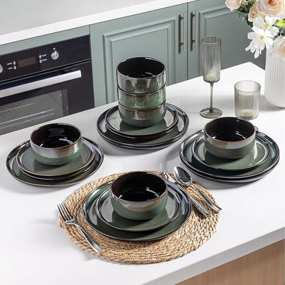 LeRatio Ceramic Dinnerware Sets,12-Piece Plates and Bowls,Handmade Reactive Glaze Dishes Set,Chip Resistant and Scratch Resistant | Oven Dishwasher & Microwave Safe,Service for 4-Green
