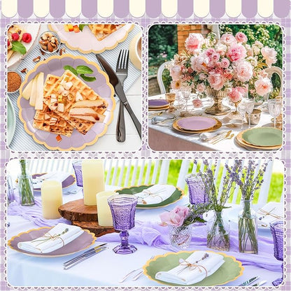 48 Pcs Sage Green Purple Paper Plates 9 Inch Lavender Scalloped Paper Disposable Dinner Dessert Plates for Birthday Wedding Bridal Party Supplies, 6 Colors