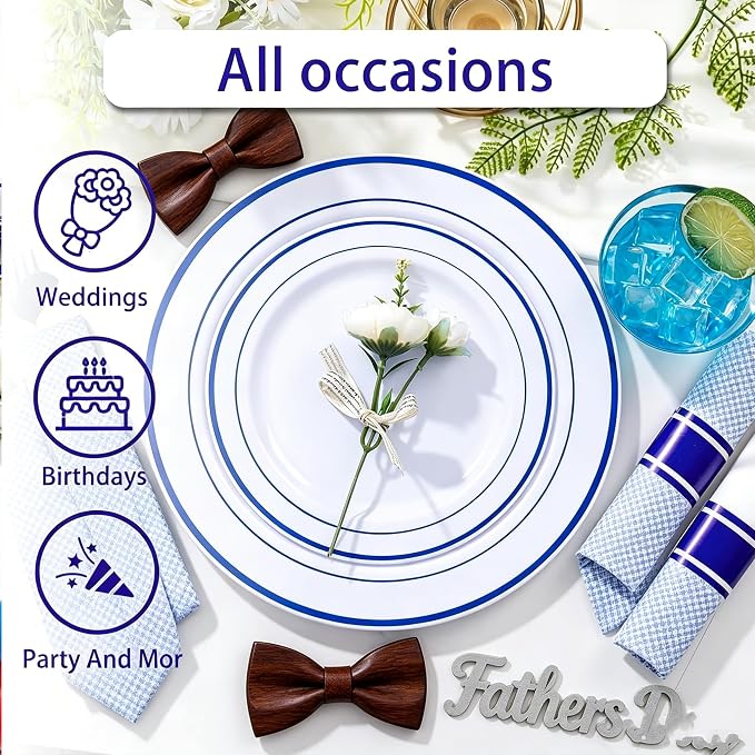 WELLIFE 210 Piece Blue Disposable Dinnerware Set, Plastic Plates - Image 5