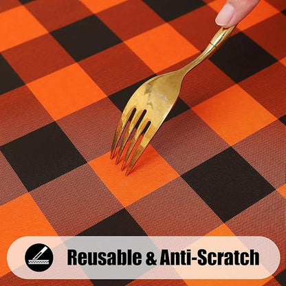 Smiry Rectangle Picnic Table Cloth, Elastic Waterproof Fitted Vinyl Tablecloths, Flannel Backed Buffalo Plaid Table Covers for Dining, Camping, Outdoor (Black and Orange, 30" x 96")