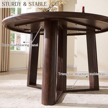 OKD 47" Dining Table for 4-6, Round Dining Room Table with Triangular Structure Pedestal Stable Base, Curved Table Edge, Circle Kitchen Tables for Dining Room, Kitchen, Dark Walnut