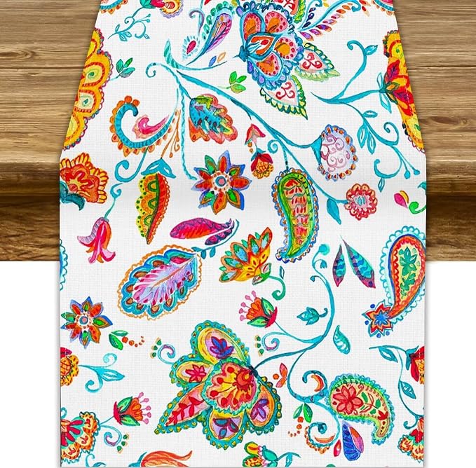 Paisley Table Runner, Watercolor Floral Oriental Indian Traditional Tulips by JanJCurt