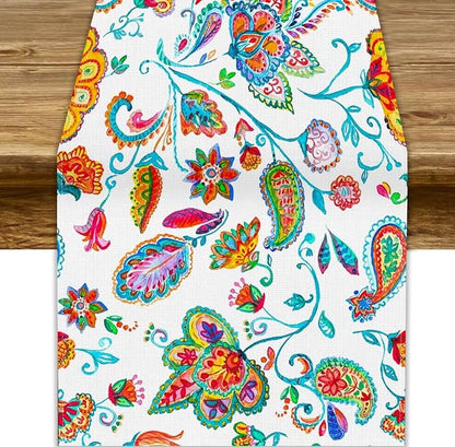 Paisley Table Runner, Watercolor Floral Oriental Indian Traditional Tulips by JanJCurt
