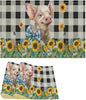 Rustic Pig Placemat Set, Vintage Farmhouse Cute Animal Sunflower Floral Black White Plaid Blue Bowknot Pattern Home Decor Table Mats for Dining Room Kitchen Party (17x12in) x2P