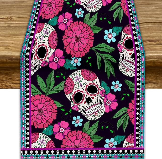 YCness Dia De Los Muertos Table Runner Red Floral Cinco De Mayo Rustic Linen by YCness