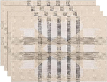 Winknowl Placemats Set of 4, Heat Resistant Stain Resistant Woven Vinyl Insulation Place mats, Durable Washable Elegant Table Mats for Kitchen Dining Table Decor (Geometric Beige)