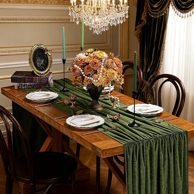 Olive Green Velvet Table Runner 29x120 Inch 10ft Long Soft Velvet Fabric | 3 - Image 2