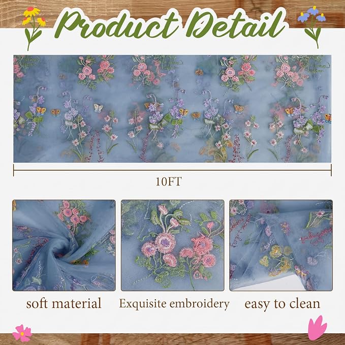 Blue Floral Table Runner 10ft Embroidery Tulle Spring Wildflower Table Runner - Image 2