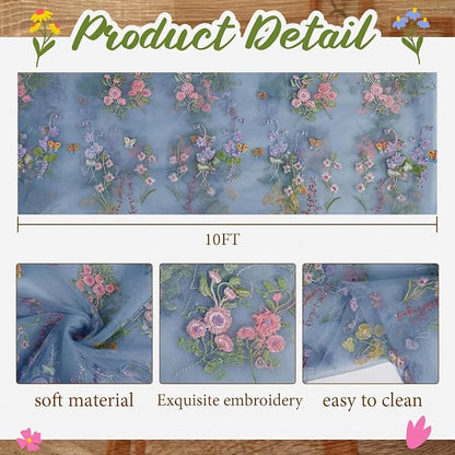 Blue Floral Table Runner 10ft Embroidery Tulle Spring Wildflower Table Runner - Image 2