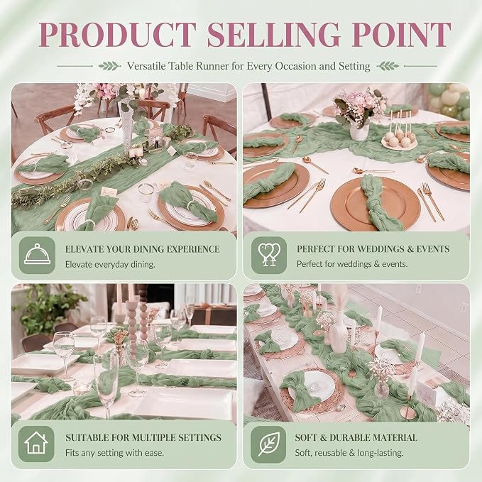 12 Pack Sage Green Cheesecloth Table Runner 17x108 Inch Boho Rustic Semi Sheer - Image 8