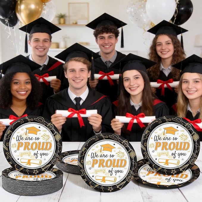 2026 Graduation Plates 7 Inch 40Pcs Black and Gold Disposable Paper Plates - Image 2