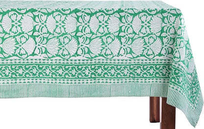 ATOSII Meadow Green 100% Cotton Rectangle Boho Tablecloth, Handblock Floral Table Cloth Linen for Kitchen Dining I Parties Wedding Outdoors Picnis I 72 X 120 Inches I 10 Seater