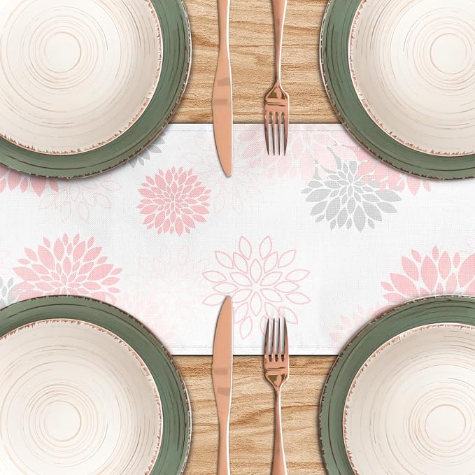Dahlia Flower Table Runner 13x71 Inch Farmhouse Pink Gray Runners Modern Table - Image 5