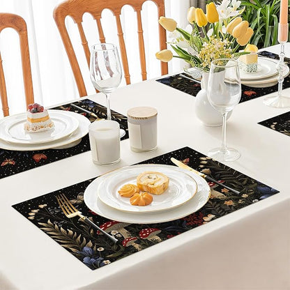 Mushroom Botanical Placemats Set of 6, Mushroom Plants Leaves Butterfly Place Mats, Moon Waterproof Washable Table Mats for Home Party Indoor Kitchen Dining Table Decoration 12x18 Inch