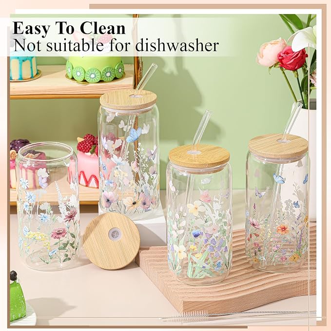 Mumufy 24 Pack Wildflower Glass Cups Gift Aesthetic Cute Glass Cup Tumbler - Image 4