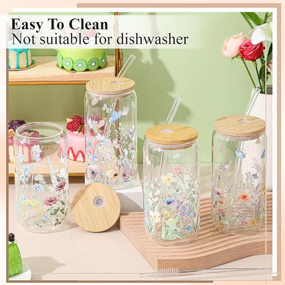 Mumufy 24 Pack Wildflower Glass Cups Gift Aesthetic Cute Glass Cup Tumbler - Image 4
