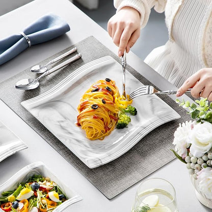 MALACASA Plates and Bowls Set, 12-Piece Modern Porcelain Dinnerware for 4, Marble Square Ceramic Dish Set, Microwave and Dishwasher Safe, Flora Series