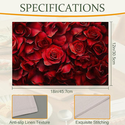 Red Rose Flower Fabric Placemats,Vintage Floral Table Placemats Set of 6 Cloth Place Mats, Washable Heat-Resistant Table Mats for Home Kitchen Dining Room Decoration 11.8x17.7 Inch