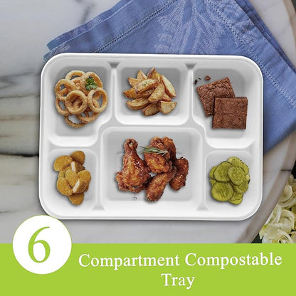 three leaf 6 Compartment Bagasse Tray 400 Ct. Heavy Duty, Super Strong,Eco Friendly Disposable Bagasse Plates,100% Biodegradable Plates, Microwave and Freezer Safe, Ideal for Party, Dinner and Picnic