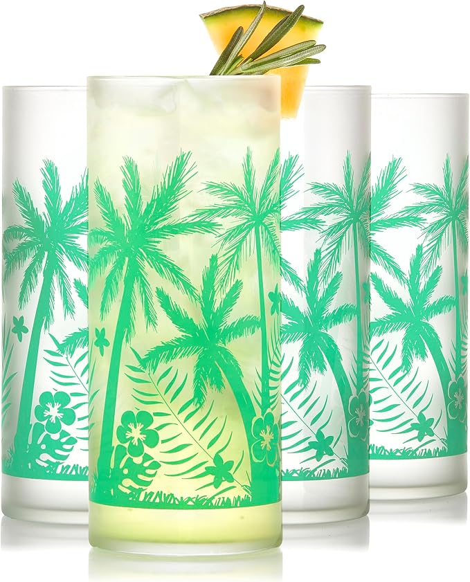 Libbey Vintage Palms Drinking Glasses Set of 4, Retro Palm Tree Design Glass by Libbey