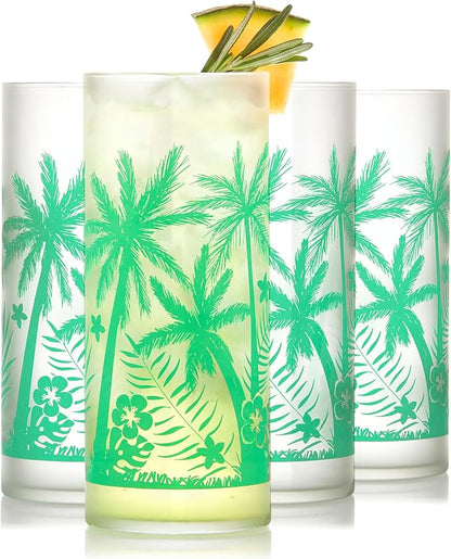Libbey Vintage Palms Drinking Glasses Set of 4, Retro Palm Tree Design Glass by Libbey
