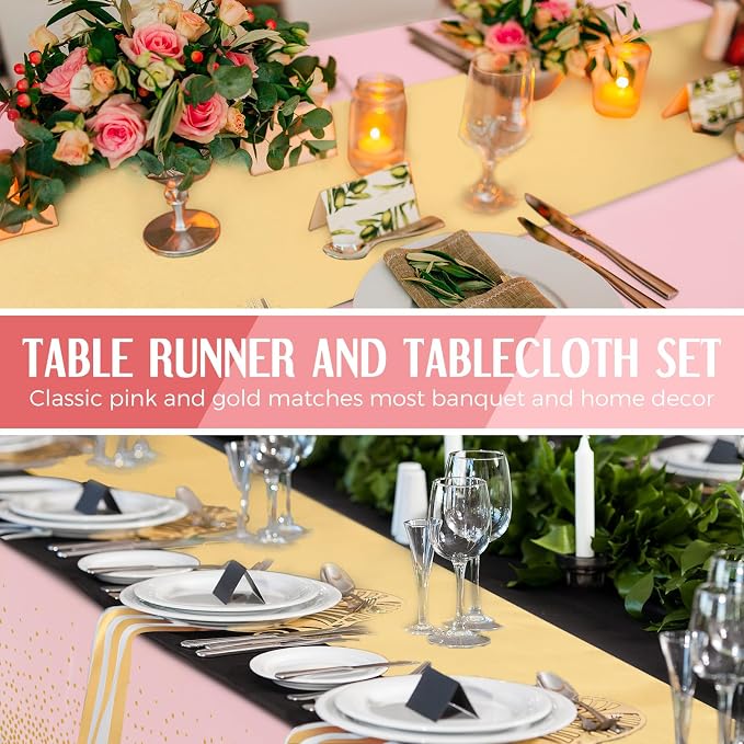 24 Pack Pink and Gold Disposable Plastic Tablecloths and Satin Table Runner Set - Image 6