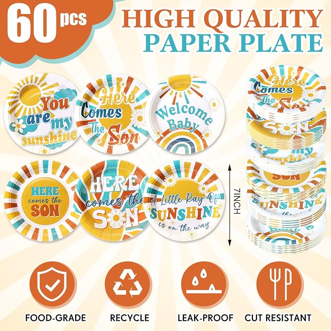 Gerrii 60 Pcs Here Comes the Son Baby Shower Party Plates Boho7 Inch Sun - Image 2