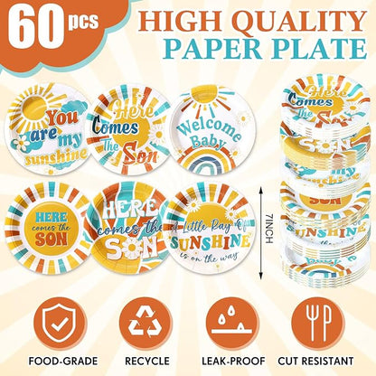 Gerrii 60 Pcs Here Comes the Son Baby Shower Party Plates Boho7 Inch Sun - Image 2