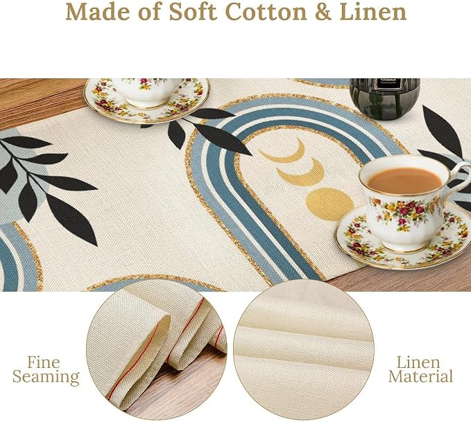 YCness Boho Mid Century Abstract Table Runner Modern Sun Moon Phase Minimalist - Image 6