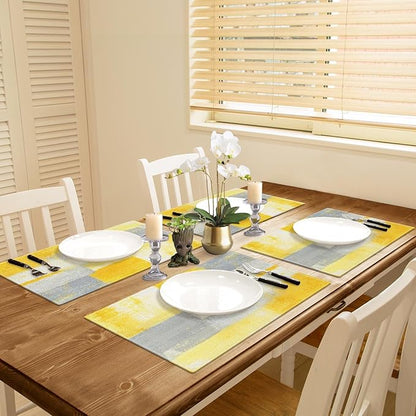 Emvency Farmhouse Placemats Set of 4, 12x18 Inch Modern Grey White and Yellow Art Painting Table Mats for Outdoor Home Party Kitchen Dining Decoration