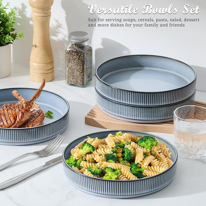 E-far Pasta Bowls Set of 4, 35oz Large Salad Bowl Plate - Image 4