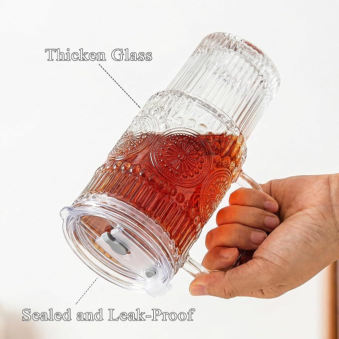 Thick Romantic Glass Cups with Lids and Straws, Vintage Leak Proof Retro Glass - Image 3