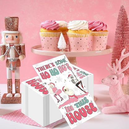 Theres Some Ho Ho Hos in This House Napkins - 100 Pcs Pink Friendmas Christmas Party Decorations Funny Santa Cocktail Disposable Paper Dinner Holiday Table Party Supplies Decor for Adults