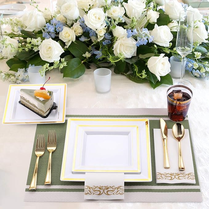 FOCUSLINE 350 Ct Disposable Dinnerware Set for 50 Guests -Heavy Duty Square Plastic Plates with Gold Rim, Includes 50 Dinner & Salad Plates, Cups, Napkins, Cutlery Set