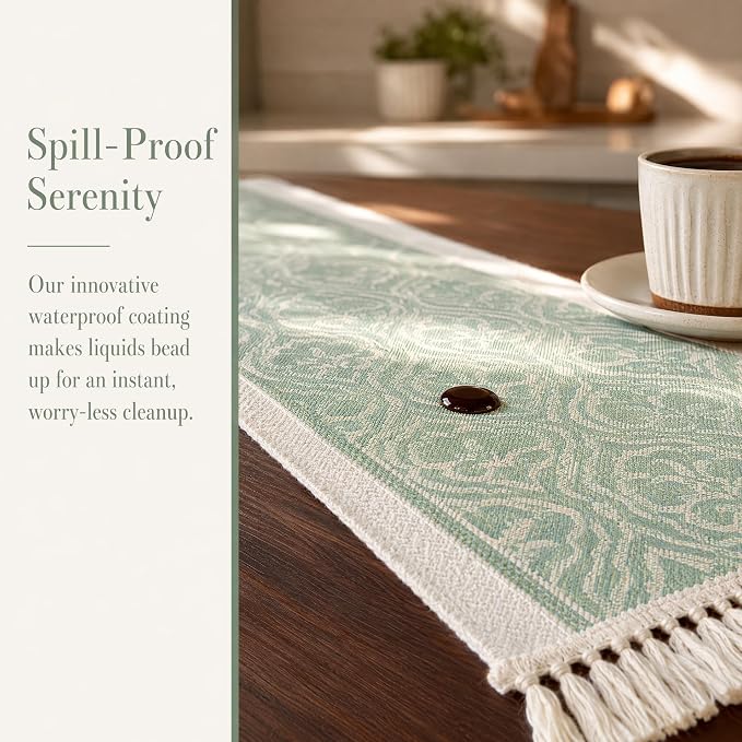 14x95 Botanical Table Runner Waterproof Floral Vine Boho Tassels | Hosting a - Image 2