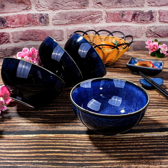 Ceramic Rice Bowl Set of 4, Streaky Blue Reactive Kiln Glaze Porcelain Sauce - Image 2