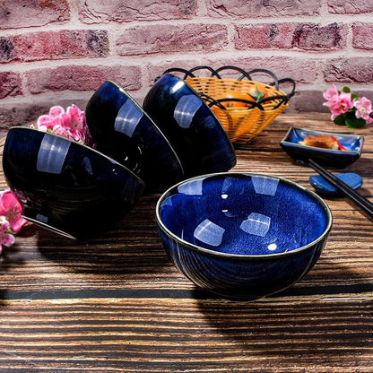 Ceramic Rice Bowl Set of 4, Streaky Blue Reactive Kiln Glaze Porcelain Sauce - Image 2