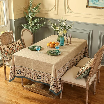 patdrea Designer French Linen Extra Long Tablecloth for Rectangle Table,Beige Anti-Wrinkle Floral Farmhouse Table Cloth,Decor Covers for Kitchen Dining,Party,Christmas,Thanksgiving,67"x118"-Fram