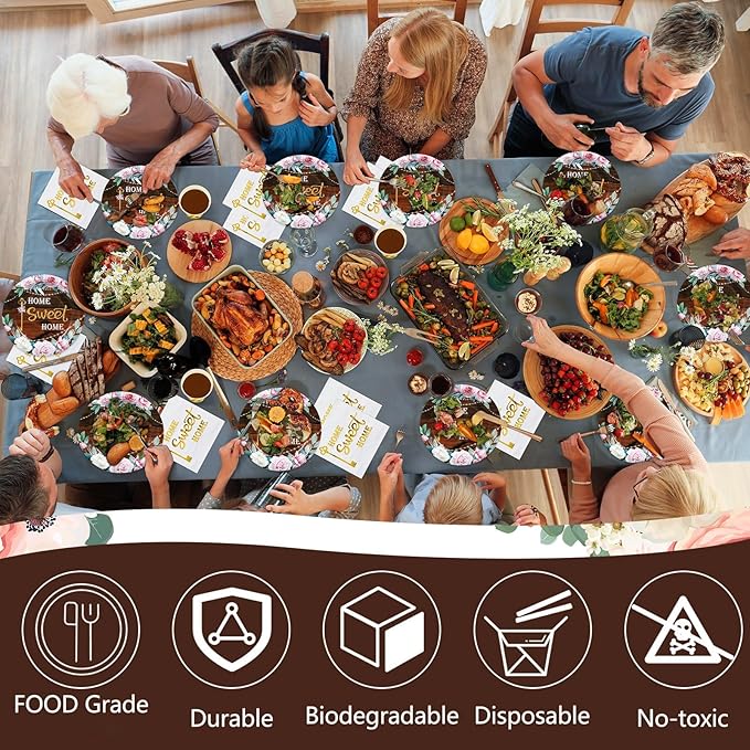 Zubebe 120 Pcs Housewarming Party Tableware Home Sweet Home Plates and Napkins Disposable Sets Rustic Leaves Floral House Warming for New House Wedding Party Supplies Serve 24 Guests(Boho Style)