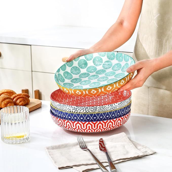 Selamica 9.6" Pasta Bowls Set of 4, 51 OZ Large Salad Bowls, Ceramic Wide and - Image 6