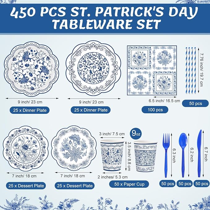 450 Pcs Blue Floral Tableware Set Decorations, Serves 50 | Blue White - Image 2