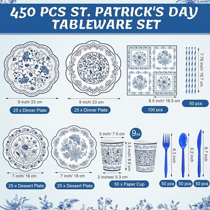 450 Pcs Blue Floral Tableware Set Decorations, Serves 50 | Blue White - Image 2