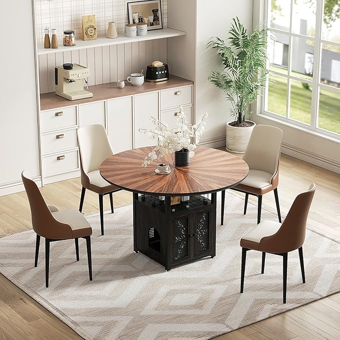 47" Round Dining Table Set for 4-6 People, Large Farmhouse Kitchen Dining Table Set with Chairs and Storage Rack, Metal Base Round Table for Home Dining Room Living Room (Cat table and 4 brown chairs)