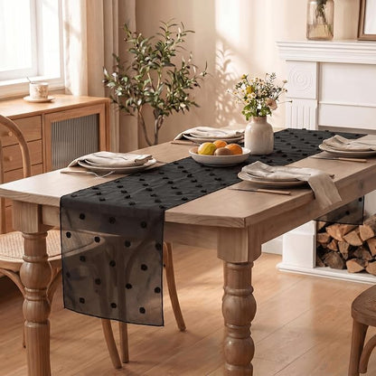 Artoid Mode Black Pom Pom Tulle Table Runner, Seasonal Halloween Washable - Image 5