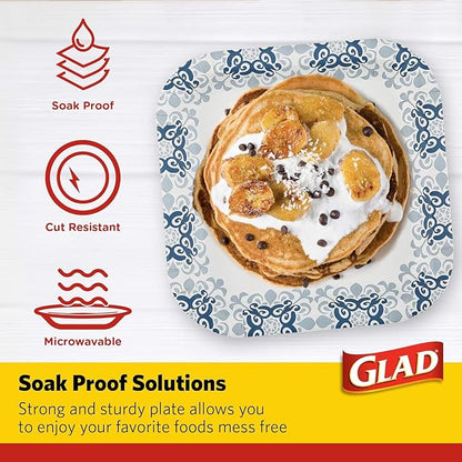 Glad Square Disposable Paper Plates, Blue Victorian Pattern - Strong, Sturdy, Soak Proof, and Microwavable Decorative Plates for Dinner and Everyday Use, 10 Inch, 50 Count - 12 Pack
