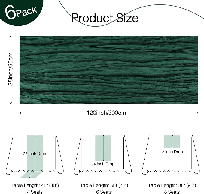 6 Pack Emerald Green Cheesecloth Table Runner Boho Christmas Decor | 120 Inch - Image 3